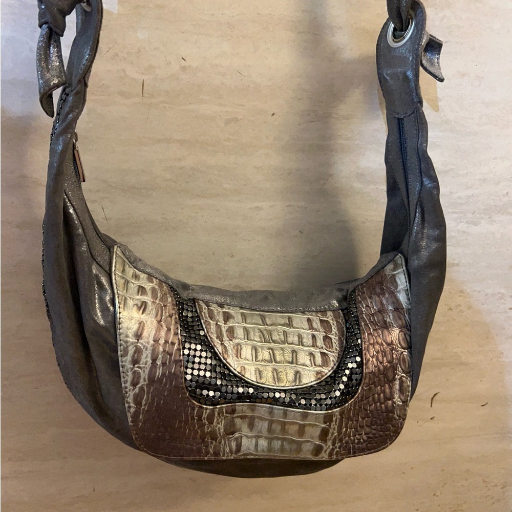 Treesje Metallic Leather Silver Croc-Texture Shoulder Bag with Sequin Trim - Picture 2 of 15